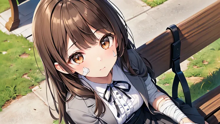 SFW、Daytime Park、Outdoors、(((One girl sitting on a park bench、 bandages on cheeks、shot from above、 composition from above、)))、((( Brown Hair、brown eyes、semi-long hair、gray tailored jacket、white blouse、black tight skirt、upper body)))、Cut like a scene from a...