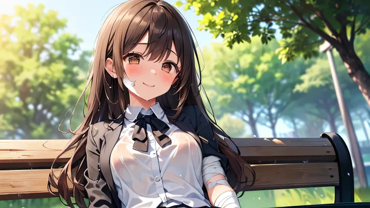 SFW、Daytime Park、Outdoors、(((One girl sitting on a park bench、 bandages on cheeks、 Smile、Wet Eyes、 blushes)))、((( Brown Hair、brown eyes、semi-long hair、gray tailored jacket、white blouse、black tight skirt、upper body)))、angle from below、
