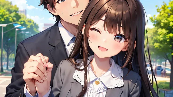 SFW、Daytime Park、Outdoors、(((Happy girl holding hands with man in suit at park、lover、Date、happiness、fun)))、((( Brown Hair、 holding lunch bag with eyes closed and big smile、girl close-up、semi-long hair、gray tailored jacket、white blouse)))、Romance Movies、 Ha...