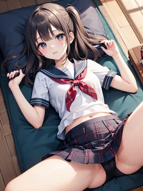  Ultra High Resolution , woman、Short sleeve、sailor suit、 Tartan Check Miniskirt 、 Panchira、 bend your knees and open your legs、Lying on one&#39;s back、Perfect limbs、Show it off、loafers、small breasts、plump body