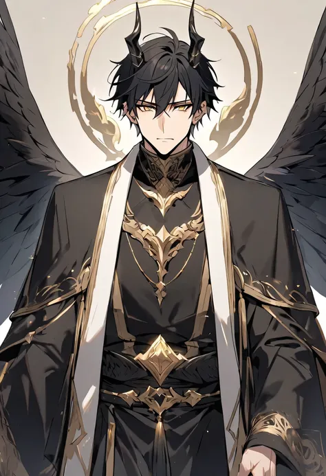 Male + black hair + golden eyes + 2 horns (black) + black cloak (golden accents) + black tunic + 2 pairs of wings (black) (feathers) + solo + adult + 30 year old man