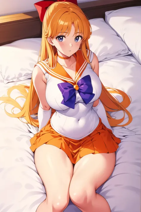 Aino Minako，White sailor suit, orange necklace, lying in bed from a bird's-eye view, Orange mini skirt, skirt lifted, white underwear, beautiful legs, long legs, Legs bent, orange high heels, perfect figure, masterpiece, white long gloves, golden hair, big...