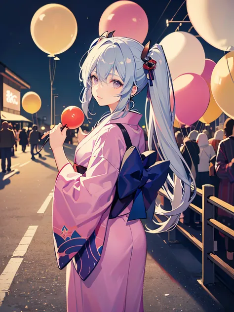 water balloon 、Mizuno is a girl enjoying a festival with balloons、hand-held size、Festivals、 enjoying festivals、 kimono、Yukata、road、石road、night、night scenery、girls、Gray Hair、White hair color、twin tails、High Resolution, high quality, 