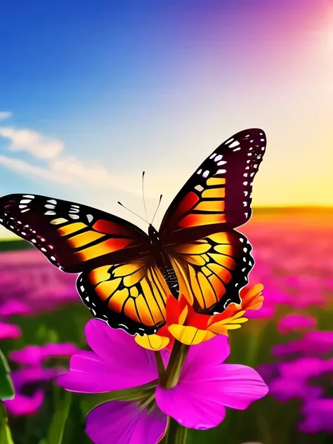 a butterfly sitting on top of a flower in a field, flowers and butterflies, butterflies and sunrays, beautiful nature, harmony of butterfly, floral sunset, really beautiful nature, butterflies in the foreground, stunning nature in background, beautiful bac...