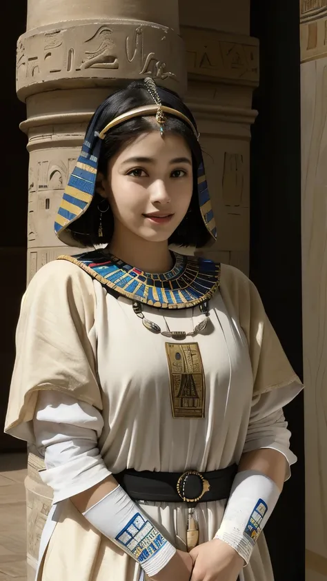 365 (20 year old woman and 20 year old man),(short hair), (high quality photos), (gentle smile), (colorful ancient egyptian costumes), (Rembrandt painting),(Hieroglyphs、Ancient Egyptian)