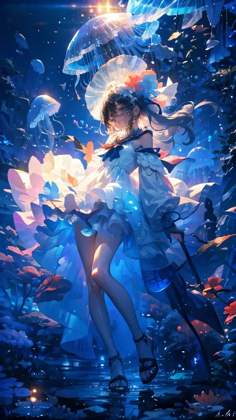 masterpiece, best quality, very well detailed, 1 girl, perfect face, full body photo:1.3, very well detailedな顔, Long Gray Hair:1.5, blue eyes:1.4, In The Water:1.4, white dress:1.5, ocean, Coral Reef, School of small fish, light, bubble, Jellyfish, ocean a...