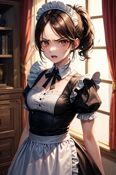 masterpiece, high quality, female maid, thirties,(elegant), natural beauty,forehead brown ponytail hair),((( brown eyes))),soft lighting,standing,indoor,((grim expression)),indoor,(opened mouth),angry,(mini-skirt)