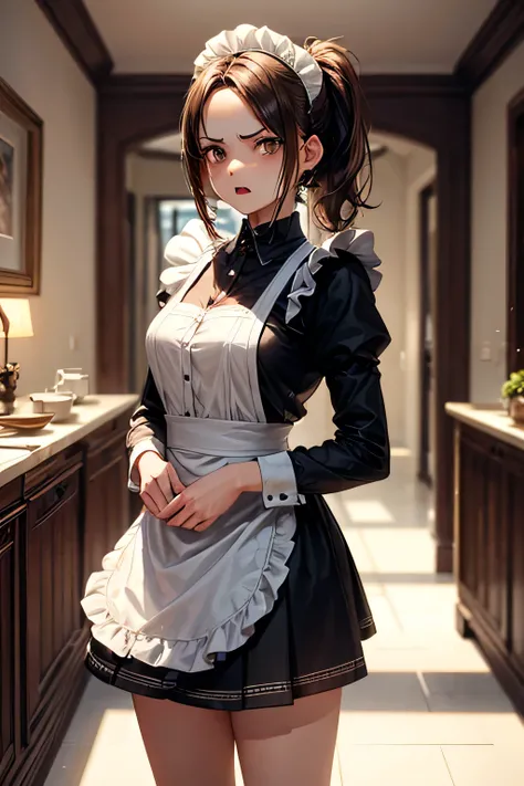 masterpiece, high quality, female maid, thirties,(elegant), natural beauty,forehead brown ponytail hair),((( brown eyes))),soft lighting,standing,indoor,((grim expression)),indoor,(opened mouth),angry,(mini-skirt)