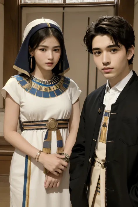 365 (20 year old woman and 20 year old man),(short hair), (high quality photos), (gentle smile), (colorful ancient egyptian costumes), (Rembrandt painting),(Hieroglyphs、Ancient Egyptian)