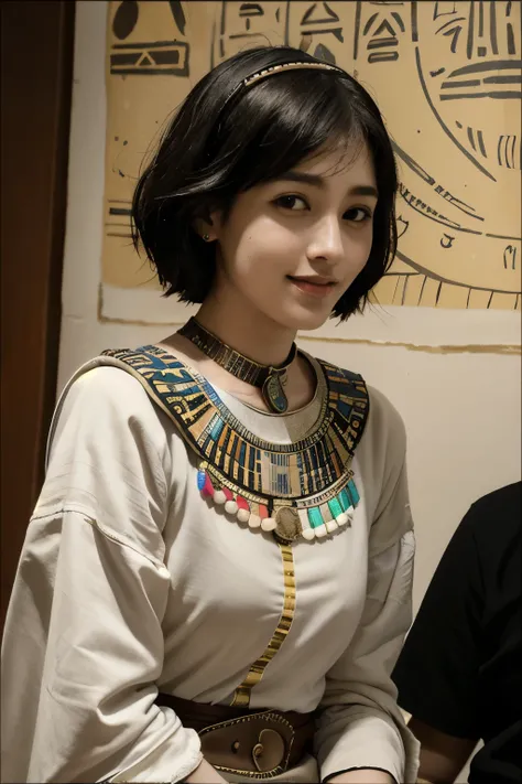 365 (20 year old woman and 20 year old man),(short hair), (high quality photos), (gentle smile), (colorful ancient egyptian costumes), (Rembrandt painting),(Hieroglyphs、Ancient Egyptian)