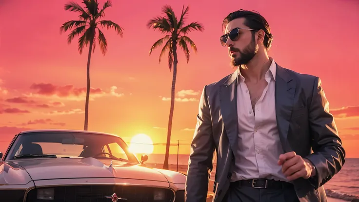 "A highly realistic cinematic image of a stylish man with a beard and slicked-back hair, wearing a fitted dark suit with an unbuttoned white shirt. He walks confidently near a classic black muscle car parked by the beachside, with tall palm trees swaying i...