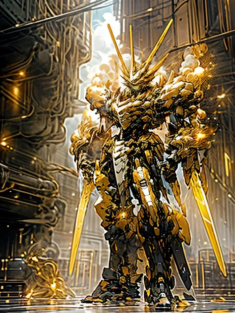 Sky, cloud, Hold_weapons, No_humans, Luminescence, , architecture, Luminescence_ eyes, Mecha, science fiction, City. actual ,Mecha，clean background fashion trends, gold and black tones , golden ratio composition，full body shot，crystal、 metallic material , ...