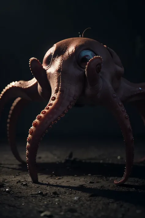 Create a movie poster with a 3D animated cartoon octopus character featuring a dark and eerie theme, without any text.