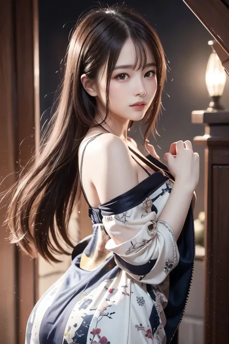  the art depicts an attractive woman ，flowing clothes、 traditional oriental dress like silk ， Beautiful woman。 Her dress gracefully covered her curves ， emphasizes her seductive silhouette 。  she stood gracefully on a quiet moonlit night ， illuminated by s...