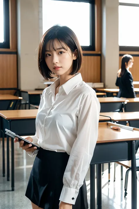 (photorealistic, ultra-detailed, cinematic lighting, 8K resolution),
modern Japanese high school classroom setting,
large windows with natural daylight streaming in,
young female teacher standing at the front, wearing a sleek black business suit with a sho...