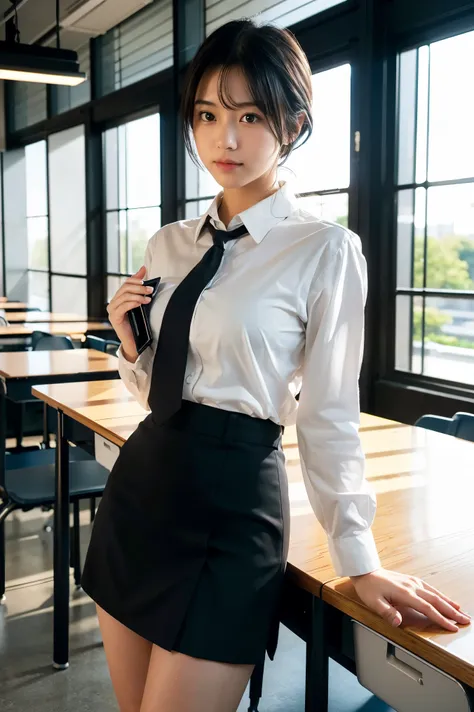 (photorealistic, ultra-detailed, cinematic lighting, 8K resolution),
modern Japanese high school classroom setting,
large windows with natural daylight streaming in,
young female teacher standing at the front, wearing a sleek black business suit with a sho...