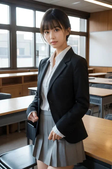 (photorealistic, ultra-detailed, cinematic lighting, 8K resolution),
modern Japanese high school classroom setting,
large windows with natural daylight streaming in,
young female teacher standing at the front, wearing a sleek black business suit with a sho...