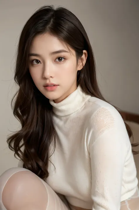 (photorealistic, ultra-detailed, cinematic lighting, 8K resolution),
young adult woman, medium-length wavy hair (dark to lighter gradient),
wearing a form-fitting white knit sweater, long sleeves, slight turtleneck,
subtle detail of lifting the sweater hem...