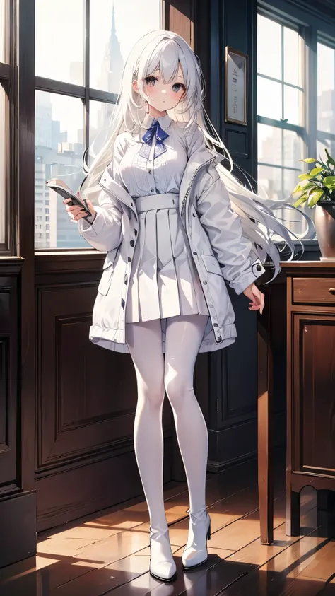 long white hair，She is wearing a white shirt、Pleated skirt，white stockings，white boots,120d pantyhose，Short coat