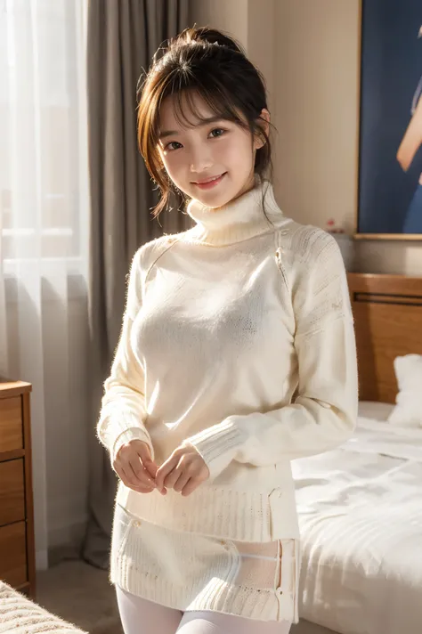 (real like the picture、Super Detail、cinematic lighting、 8k resolution for kindergarten ren)

Cute young woman like an 18 year old idol、smiles gently

Fitted white knit sweater、 Long Sleeve、Wear a turtleneck slightly

(((lift the hem of the sweater)))、expos...