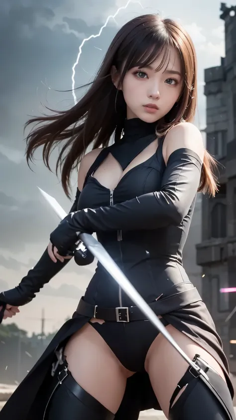 (Ultra-high quality, hyper-detailed, 8K, anime-style, cinematic lighting),  
(Female Kirito:1.3, mysterious yet powerful aura, intense and focused gaze, elegant yet deadly presence, confident stance),  
(Long, flowing black hair with a slight blue sheen, s...