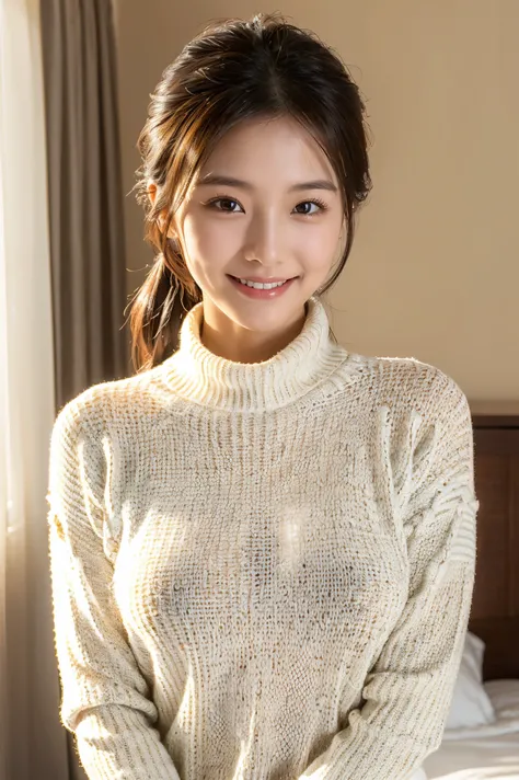 (real like the picture、Super Detail、cinematic lighting、 8k resolution for kindergarten ren)

Cute young woman like an 18 year old idol、smiles gently

Fitted white knit sweater、 Long Sleeve、Wear a turtleneck slightly

(((The hem is being lifted to take off ...