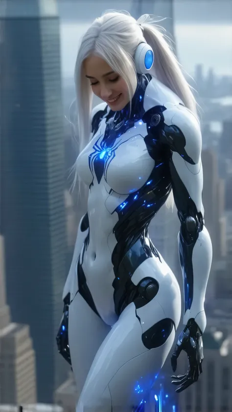 High resolution, 4k, realistic, photo, photo realistic, body shot, spider girl, Cyborg girl with a robotic body, she has one human arm and one robot arm, human Head, Human face, human hair, she wears earphones, facial features defined with high cheekbones ...