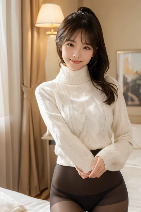 (real like the picture、Super Detail、cinematic lighting、 8k resolution for kindergarten ren)

Cute young woman like an 18 year old idol、smiles gently

Fitted white knit sweater、 Long Sleeve、Wear a turtleneck slightly

(((The hem is being lifted to take off ...