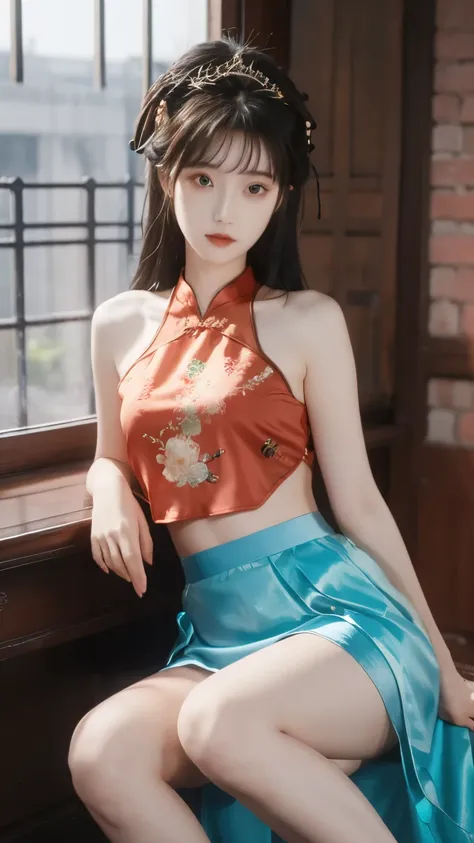 1 girl, skirt,  Hair accessories , 红色skirt, alone,  Chinese clothing ,  long hair, Sitting, bare shoulders, window, brown hair, OK, Indoor, dark hair,
and watch the audience，
 