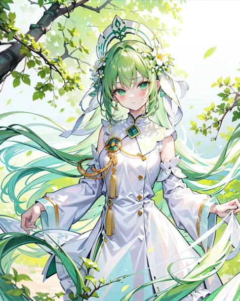 Green color, long white hair ,white,milky white clothes,High Resolution, masterpiece, anatomically correct, accurate, highest quality, Details, High details, high image quality model, quality, very detailed, Ultra High Definition, textured skin,