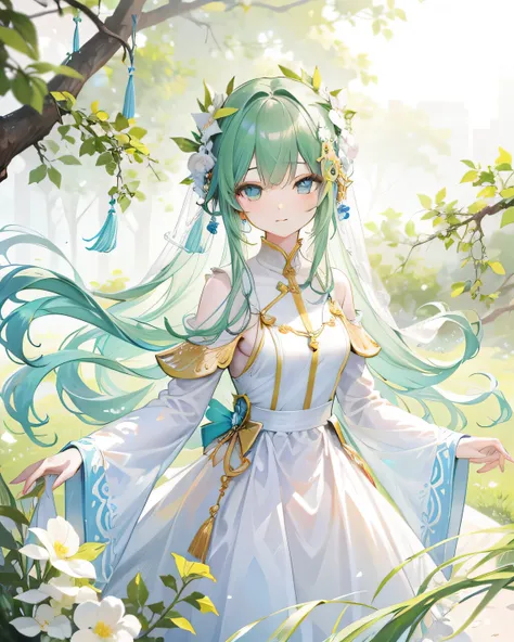 Green color, long white hair ,white,milky white clothes,High Resolution, masterpiece, anatomically correct, accurate, highest quality, Details, High details, high image quality model, quality, very detailed, Ultra High Definition, textured skin,