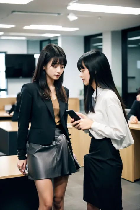 Group of young Japanese women wearing blazers, black leather gloves,  stand facing each other.  and discussing something with a smartphone . The scene is set in a modern office, sophisticated atmosphere.  there is a huge difference in women's height , One ...