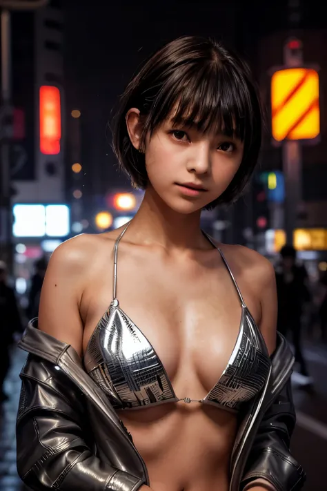 ((best quality, masterpiece, extremely detailed)),1girl, (14yo:1.3), (silhouette lighting:1.5), bobcut hair with bangs, (silver bikini with jacket:1.1), large breast, (upper body:1.5), (shibuya scramble crossing), (midnight:1.2)