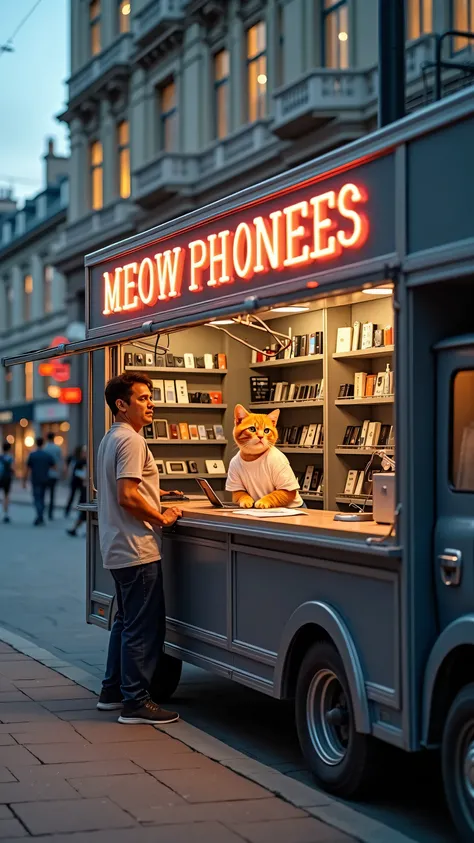 wide shot from across the street a of a high end store  in a mid day lit street where a  orange kitten (wearing a  white shirt ) is inside a sales truck that sells cellphones. The truck has a fully open side where you can see the truck inside , inside the ...