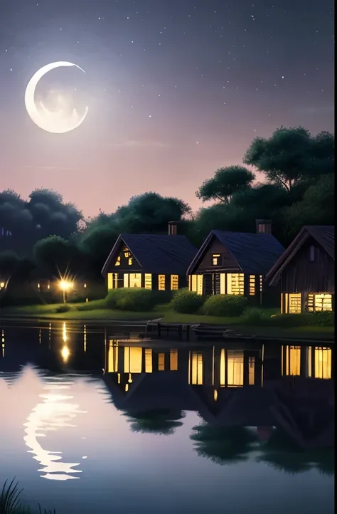 painting of a house on a river with a full moon in the background, a matte painting inspired by Evgeny Lushpin, cg society contest winner, magical realism, beautiful oil matte painting, night scenery, the glow of the moonlight, moonlight night, beautiful m...