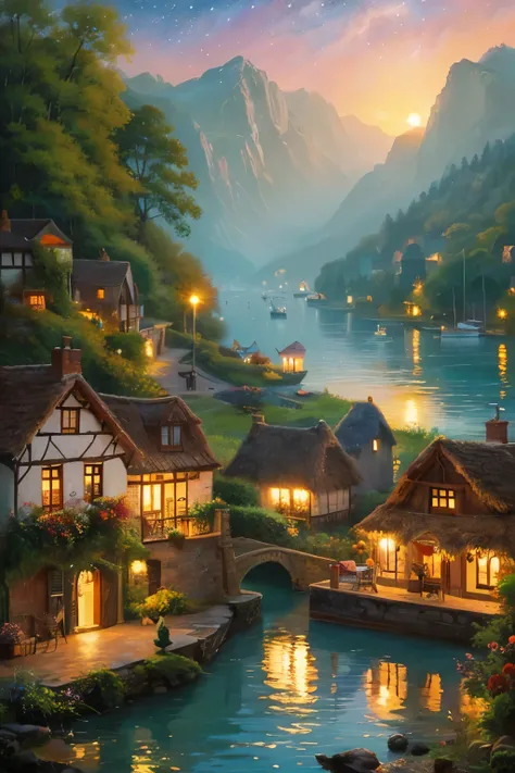 Picture of a river and a town with boats in the water,  Magical Village , A bustling magical town,  Magical Realism Style , by Camille Bombois, Dreamy Scene Paintings,  Fantastic Starry City at Sunset , whimsical art,  Starry Sky Paintings , Magical Scene,...