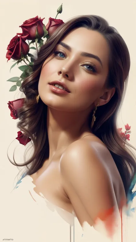 Postcard,  portrait,  Masterpiece , best quality, sfumato style,
happy cute  beautiful woman with a bouquet of scarlet roses, Alberto Seveso style illustration, 16 thousand.,  Masterpiece , realistic, bright colors, contract, perfect composition,  beautifu...