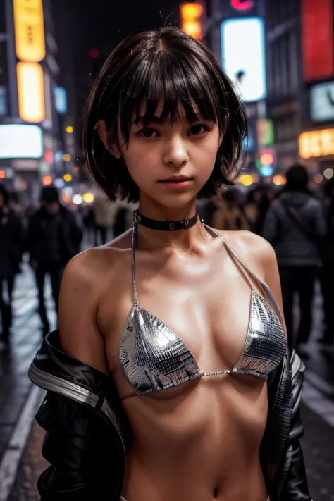 ((best quality, masterpiece, extremely detailed)),1girl, (14yo:1.3), (silhouette lighting:1.5), bobcut hair with bangs, (silver bikini with jacket:1.1), large breast, (upper body:1.5), (shibuya scramble crossing), (midnight:1.2)