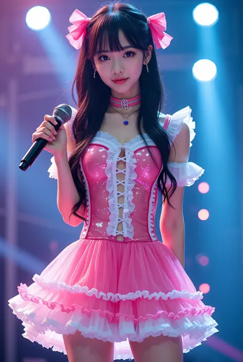 Create a highly detailed, realistic image of a young woman with long, dark hair styled with two small pink bows on either side. She is wearing a vibrant and transparent shinning glossy pink short dress that has a layered, frilly design with white ruffled e...