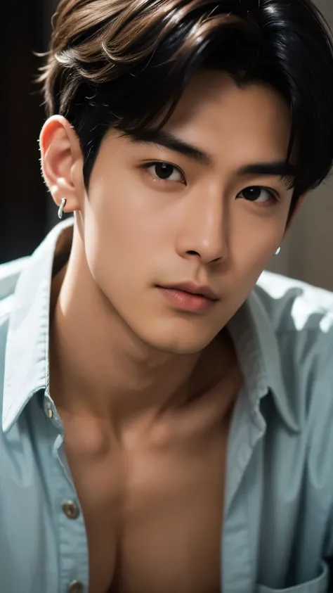 A young Japanese man in his early twenties. He has short, spiky black hair, with another young man's hand pushing his bangs back. He has sharp facial features and piercing eyes. His nose is straight and his mouth is firm, but he looks slightly embarrassed....