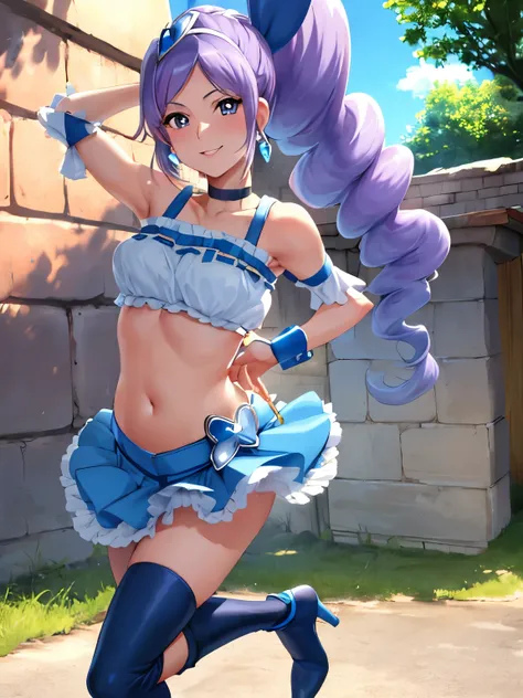  sleeveless, show me your armpits,masterpiece, best quality, viewers, depth of field, walk, smile,1 girl, Cure Berry, Pretty Cure,  wrist cuffs , blue skirt, side ponytail,  Blue Boots, gem, hair band, Navy Thighs, belly button,  blue ribbon,