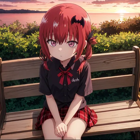 Sunset schedule
Satanichia McDowell beautiful lonely girl
angle from a bottom view 

comfortably dressed 
dark black shirt and skirt 

Their little eyes looking from above seeing the sky 

Sitting on a wooden bench
Thoughtful lost look

magenta eyes and
Re...