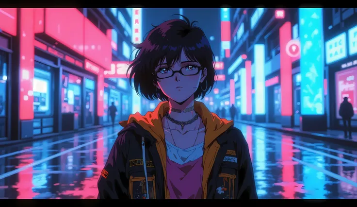 short-haired woman with black glasses, college jacket, neon lights, anime, blurred background