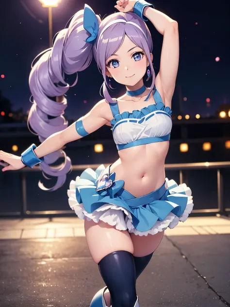 sleeveless, show me your armpits,masterpiece, best quality, viewers, depth of field, walk, smile,1 girl, Cure Berry, Pretty Cure,  wrist cuffs , blue skirt, side ponytail,  Blue Boots, gem, hair band, Navy Thighs, belly button,  blue ribbon,