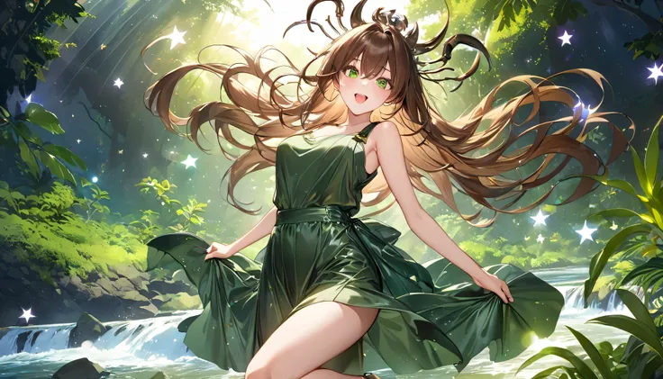 ((full body:1.3)),( whole body)( from the front ), ( beauty),(adult woman),(brown hair:1.2),((:1.3)),(( ecstasy face:1.1)),( viewers in Hawaii for the location)),  and the background is a natural scene with a river flowing rich in greenery,flower々Blooming ...