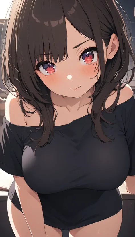 (best quality:1.3), cute 、big boobs、Alone, full-body shot、looking at viewer 、  oversized black T-shirt, off shoulder、cleavage、leaning forward、breast out、 dark brown hair、asymmetry bangs 、(mole under eye)、smile、low twintails,short hair、ribbons、fluffy hair、d...