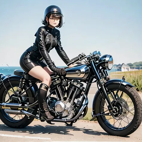 (Riding on motorcycle:1.2)、(Vintage Bikes、Bluff Superior SS100)、 Beautiful young woman、1 person、Beautiful Face, Beautiful and delicate eyes, Black Hair, Short Bob Hair、Classic Leather Jacket、Cromwell helmet with goggles、After the Rain、Isle of Man Races、Eng...