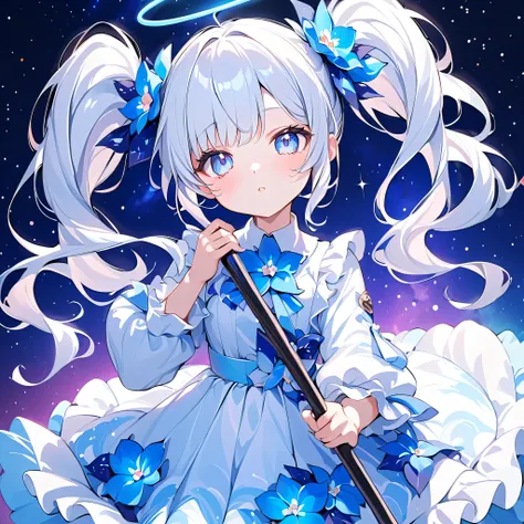  1girl ,best detail、highest quality、greatest masterpiece、Space Patterned Dress with Empty Side、milky white hair color、twin tails、 My Blue Flower Hair Ornament 、 pretty face、Baby Face、Holding a Neon Light Colored Walking Stick、Looks like the viewer is holdi...