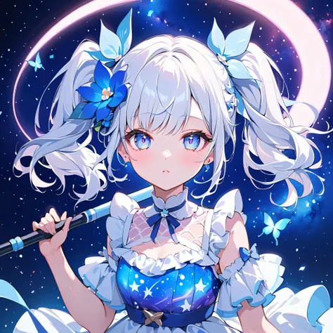  1girl ,best detail、highest quality、greatest masterpiece、Space Patterned Dress with Empty Side、milky white hair color、twin tails、 My Blue Flower Hair Ornament 、 pretty face、Baby Face、Holding a Neon Light Colored Walking Stick、Looks like the viewer is holdi...