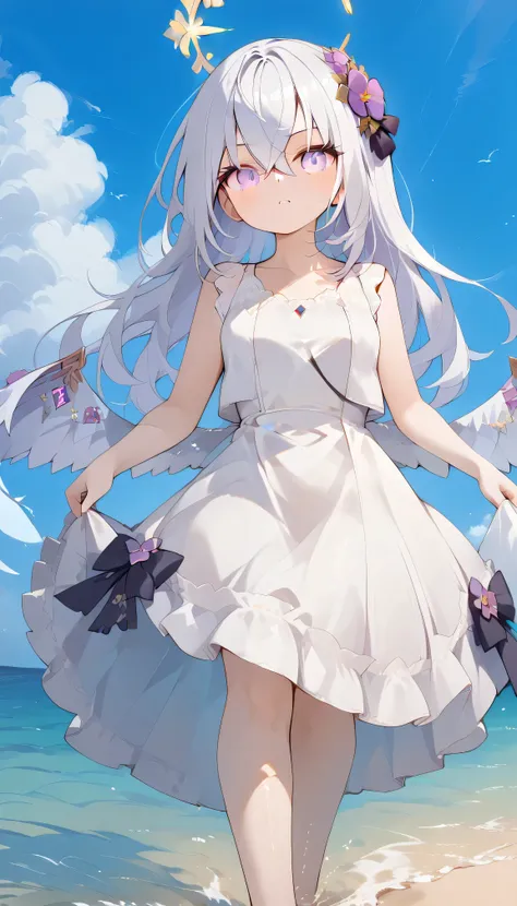 Azusa (blue archive),purple eyes,white hair,long hair,Wings,hair flower,halo, Alone,  showing eyebrows from inside the hair , hair between their eyes, viewers, masterpiece, highest quality, hud_s1lk_ngwn, sleeveless white dress, lace trim, breasts　Outdoors...